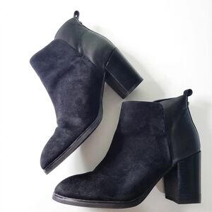 Lands End Black Suede Ankle Booties Womens 7.5 Silver Detail 3.5in Heel